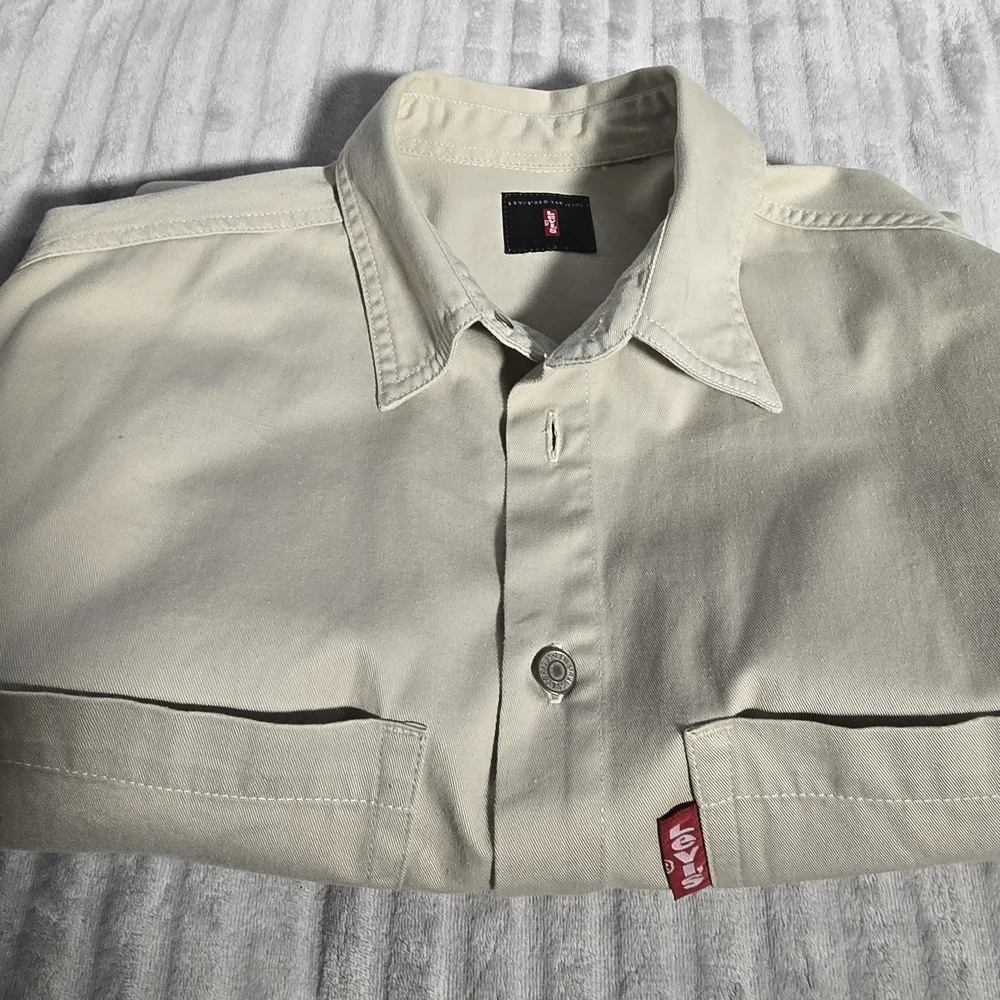 Vntg Levis Shirt Mens M Beige brass Button Up Red‎ Tab Twill Work. 544
